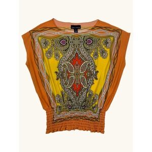 Isabella Rodriguez Orange Yellow Paisley Scarf Print Smocked Waist Blouse M